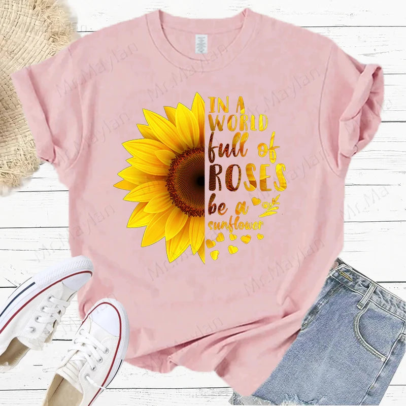 Sunflowers & Letters Women Print T Shirt, Summer Female Casual Short Sleeve Tshirts