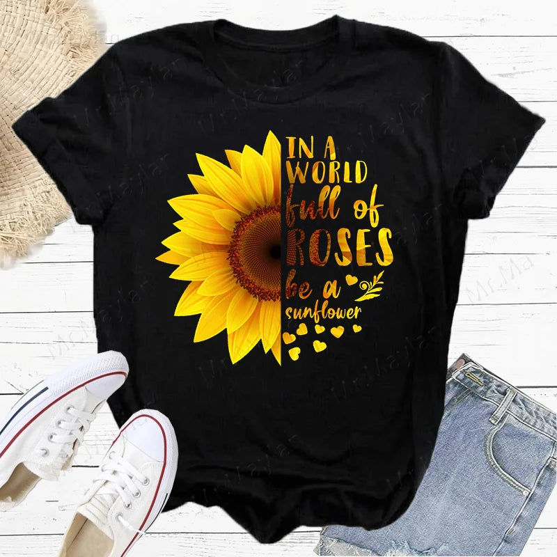 Sunflowers & Letters Women Print T Shirt, Summer Female Casual Short Sleeve Tshirts