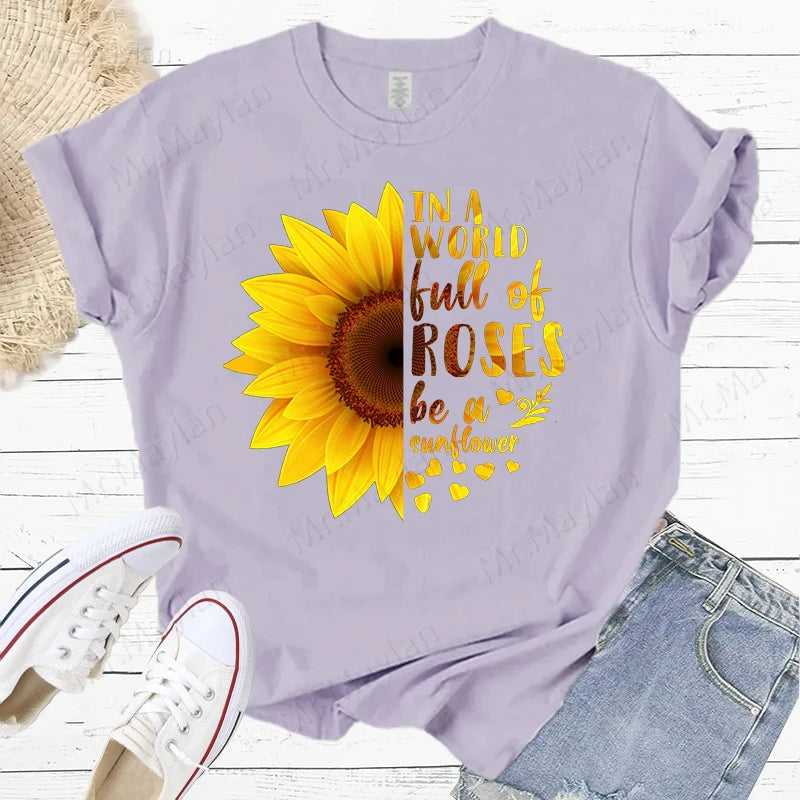 Sunflowers & Letters Women Print T Shirt, Summer Female Casual Short Sleeve Tshirts