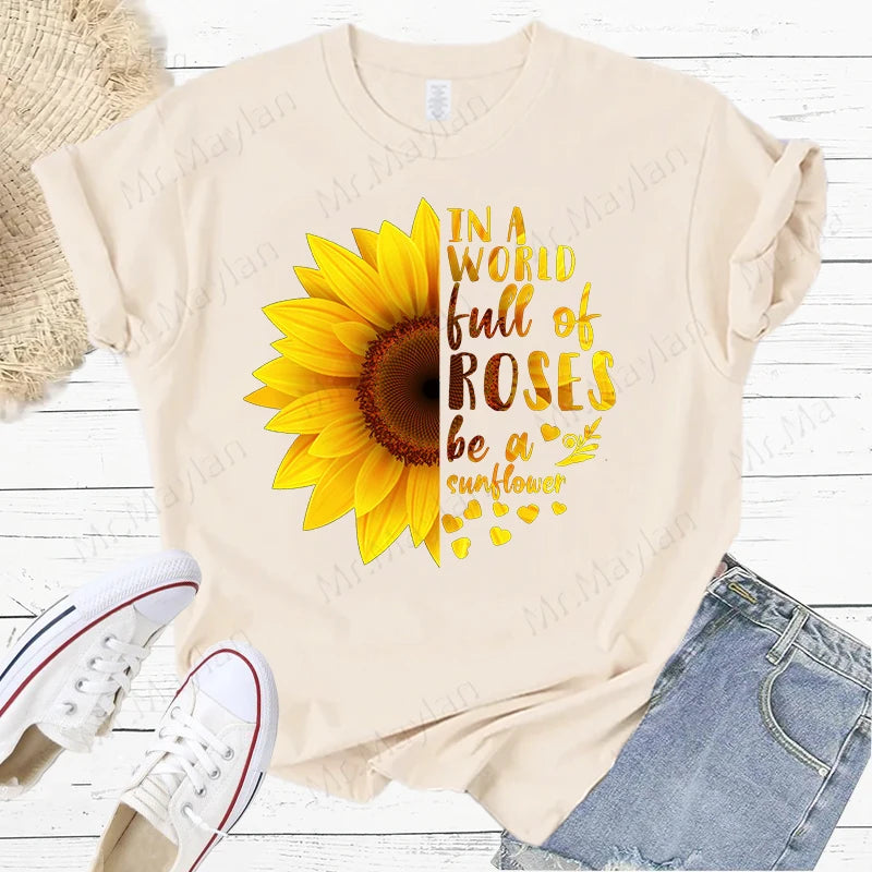 Sunflowers & Letters Women Print T Shirt, Summer Female Casual Short Sleeve Tshirts