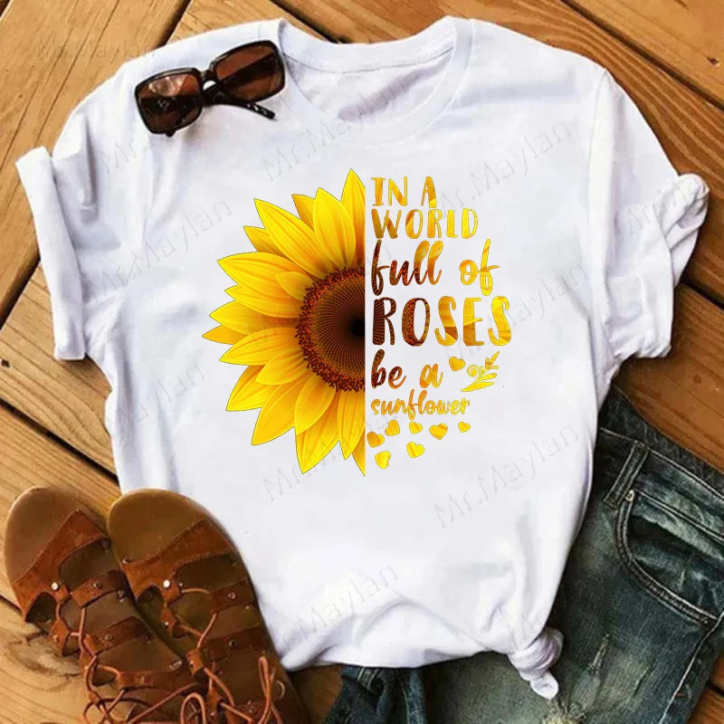 Sunflowers & Letters Women Print T Shirt, Summer Female Casual Short Sleeve Tshirts